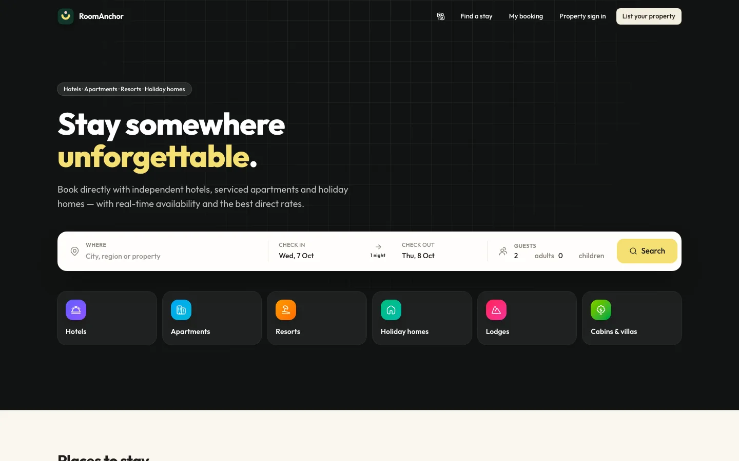 Booking website and marketplace screen in RoomAnchor