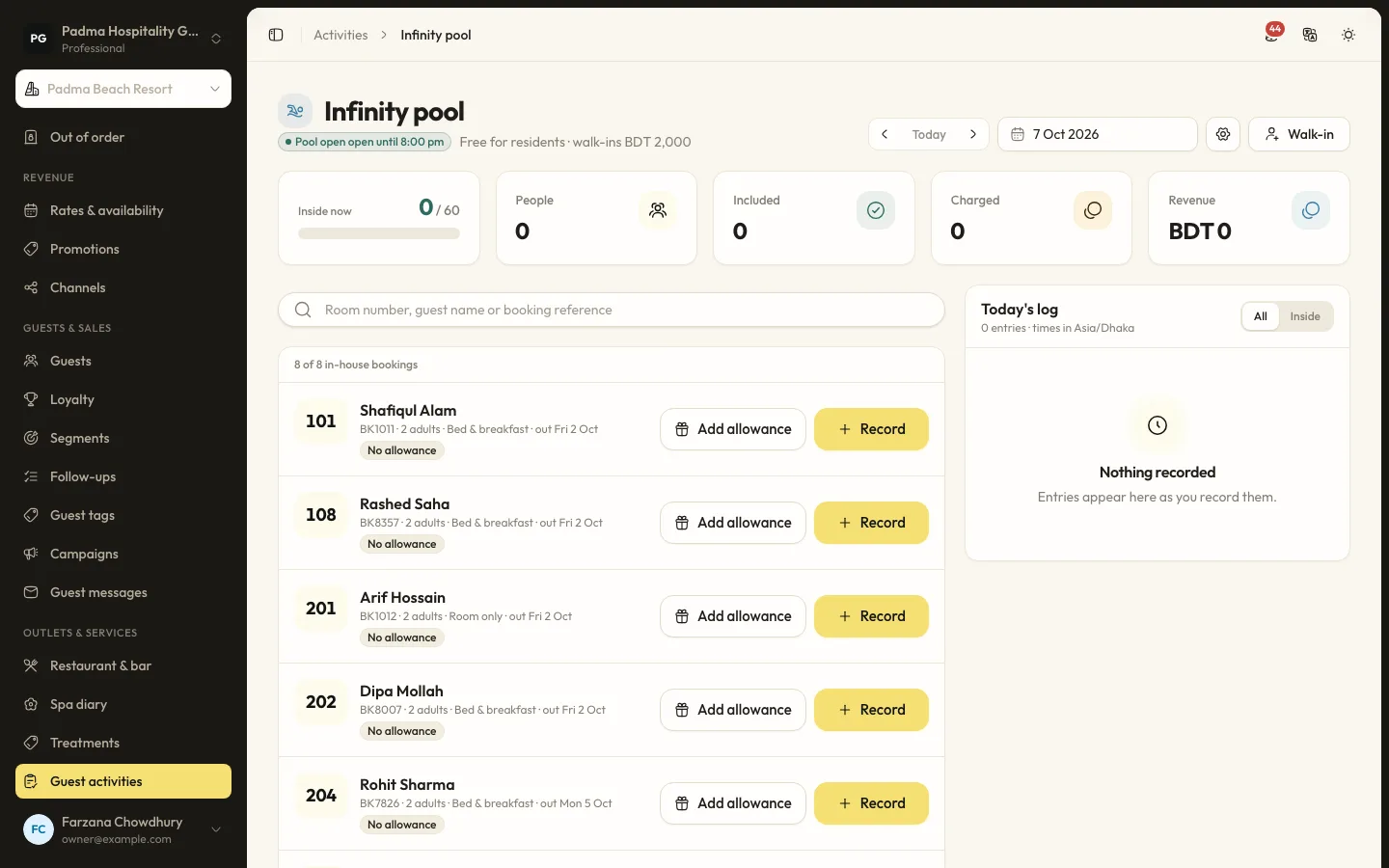 Guest activities and meal plans screen in RoomAnchor