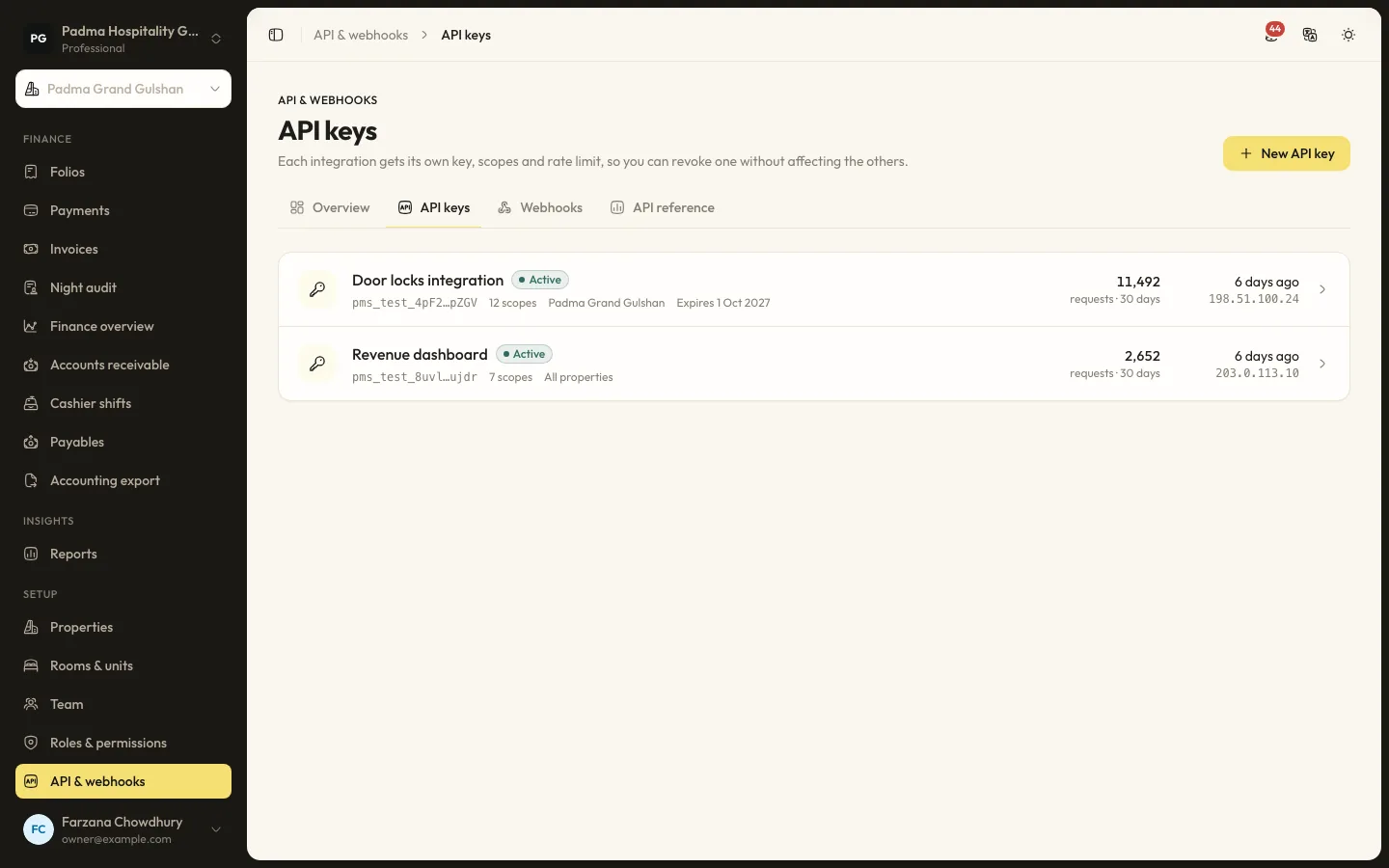 API and webhooks screen in RoomAnchor