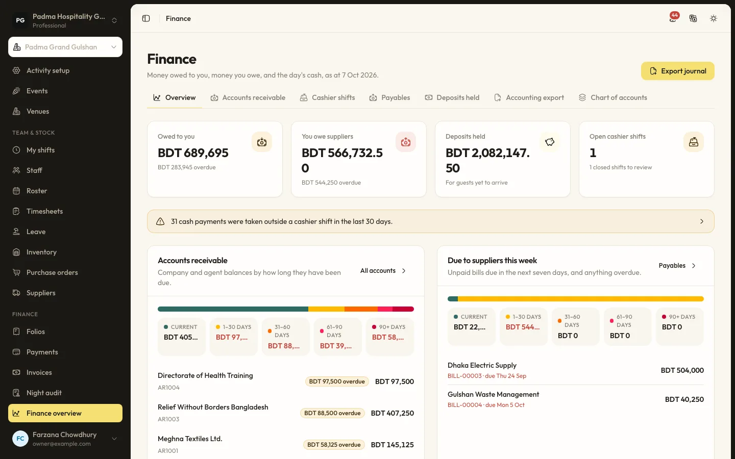 Finance screen in RoomAnchor