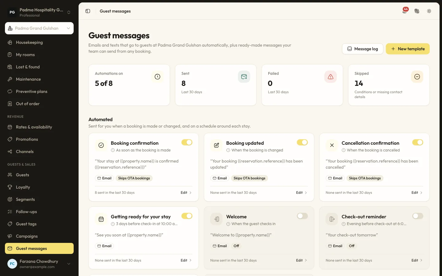 Guest messages and notifications screen in RoomAnchor