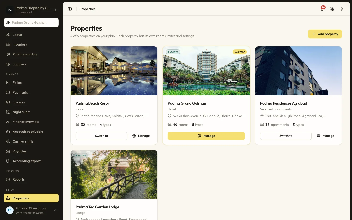 Multi-property and branches screen in RoomAnchor