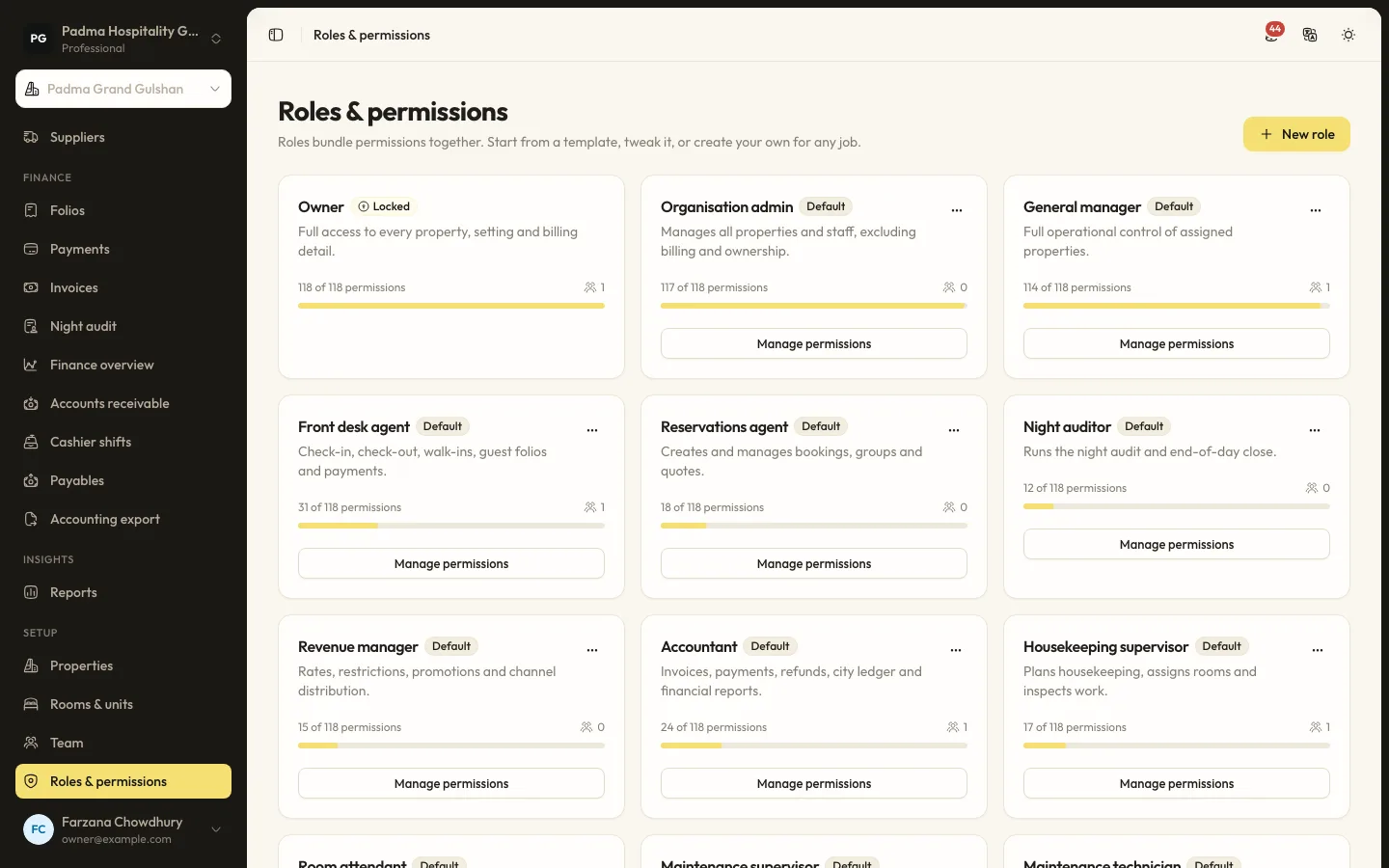 Team, roles and permissions screen in RoomAnchor