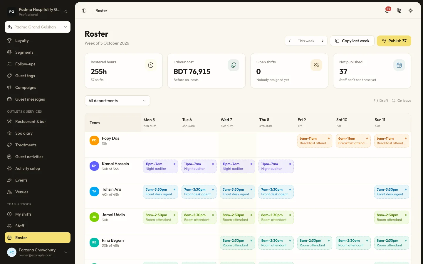 Staff and rosters screen in RoomAnchor
