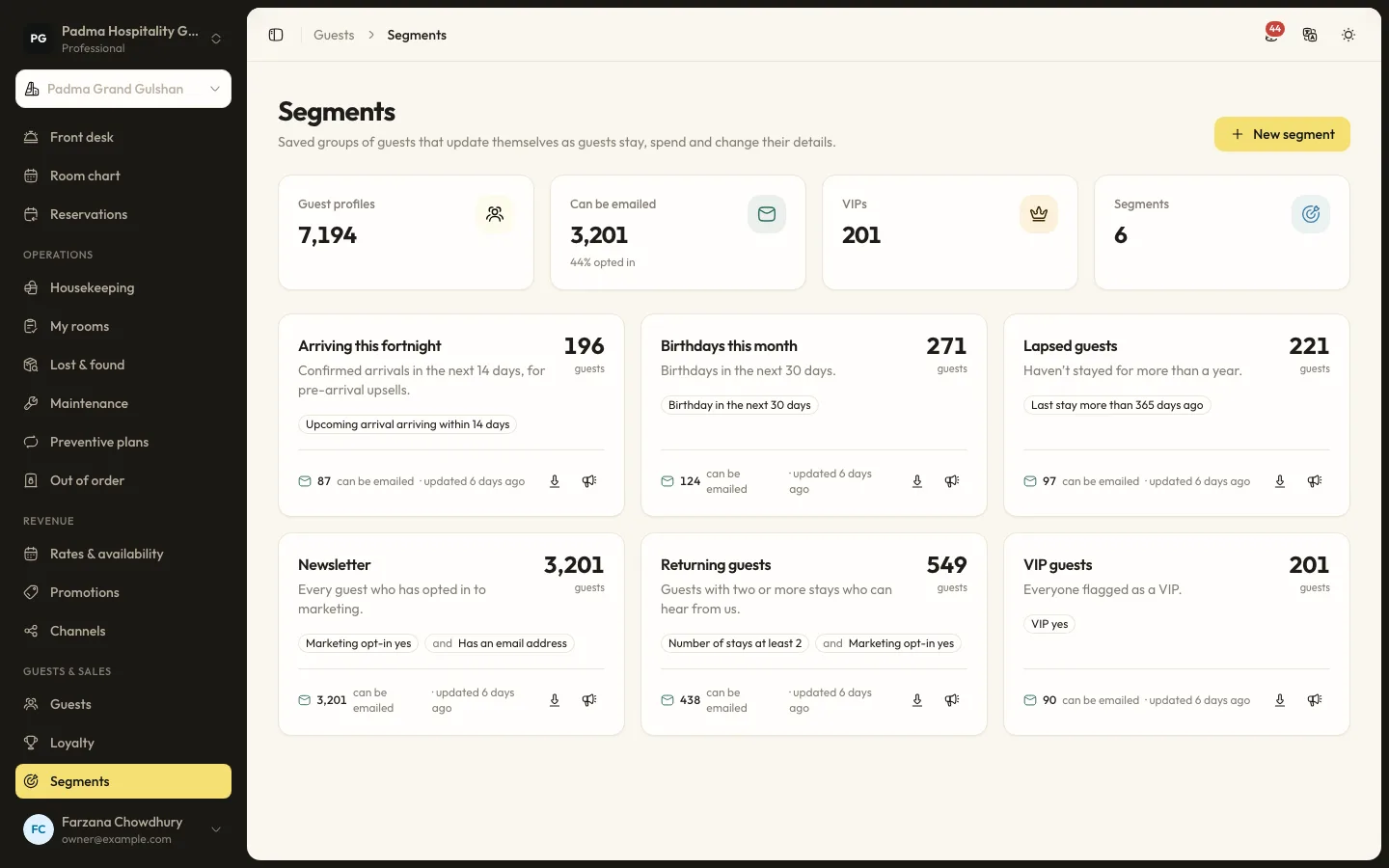 Guests and CRM screen in RoomAnchor