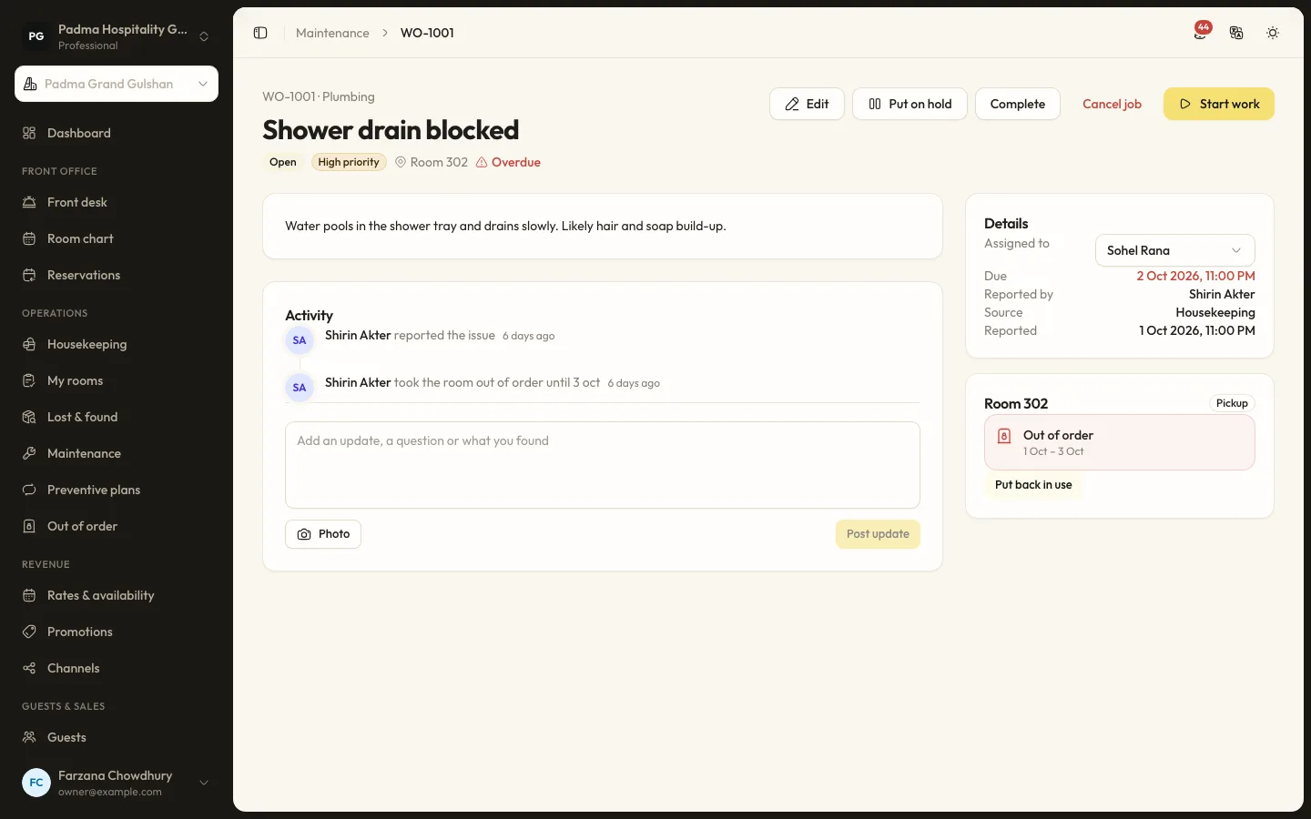 Maintenance screen in RoomAnchor